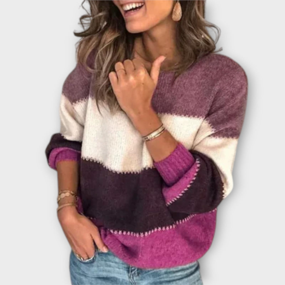 Elisa - Útulný olivovo-krémový svetr s barevnými bloky