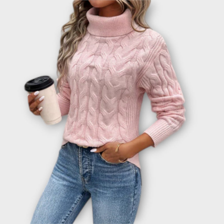 Amelia - Elegantní růžový rolák s copánkovým vzorem