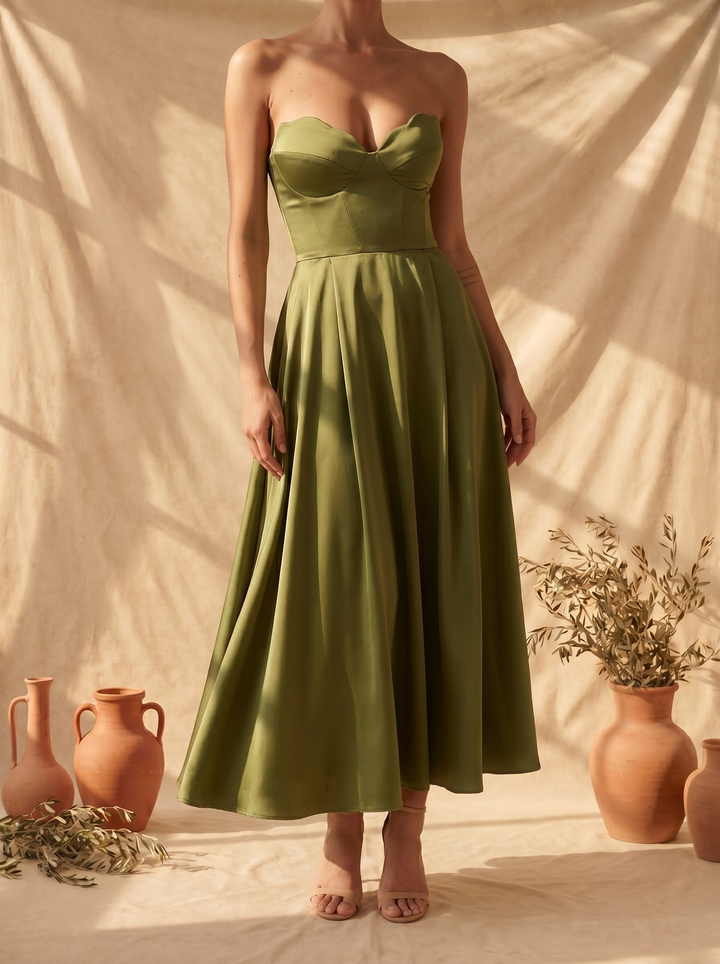 Liora | Elegantní midi šaty bez ramínek