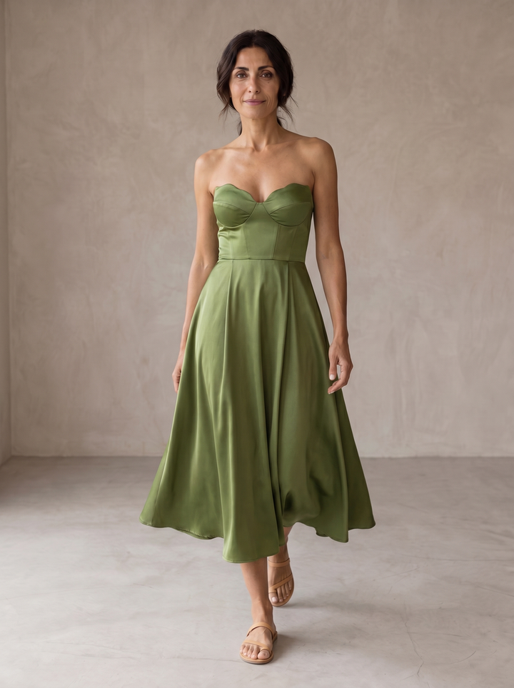 Liora | Elegantní midi šaty bez ramínek