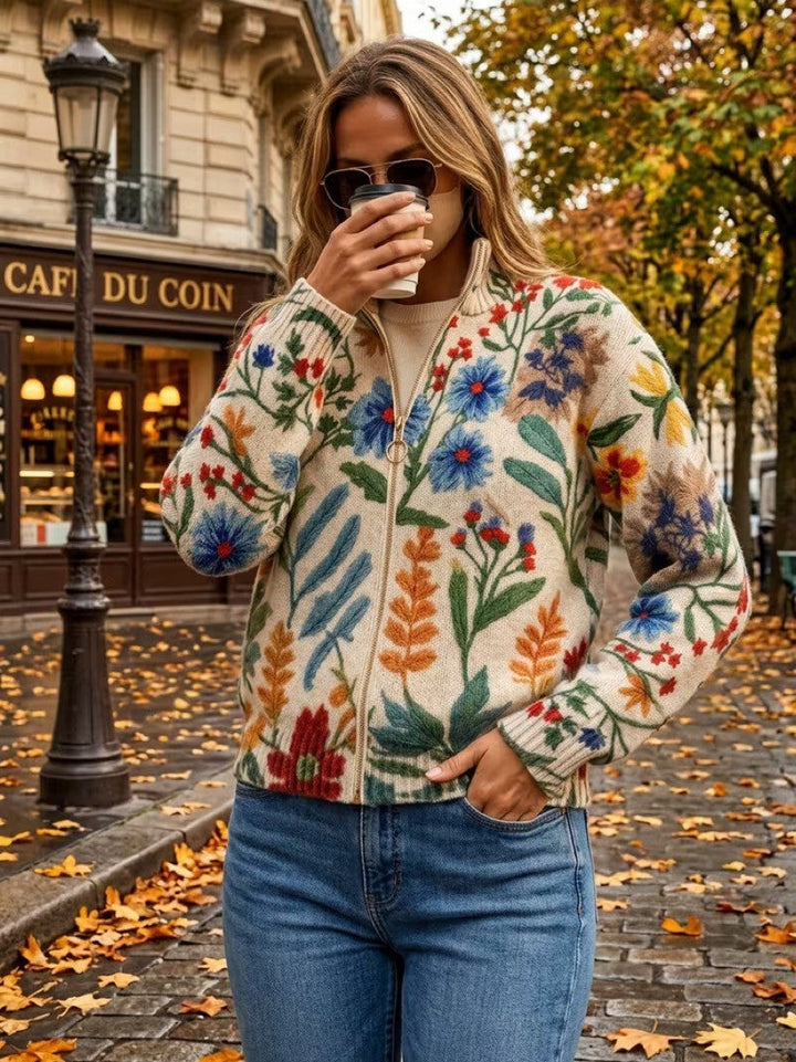 Renata™ | Květinový kardigan na zip s botanickým vzorem
